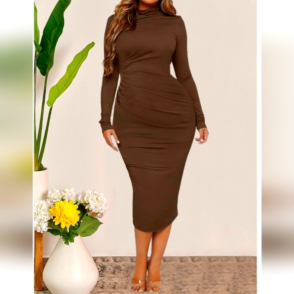 Popular 21 Mock Neck Long Sleeve Ruched Midi Brown Tshirt Dress NWT - Picture 1 of 9
